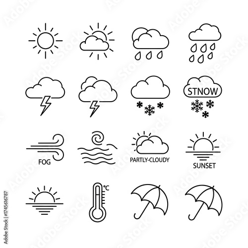 Weather Icons: Sun, Clouds, Rain, Snow