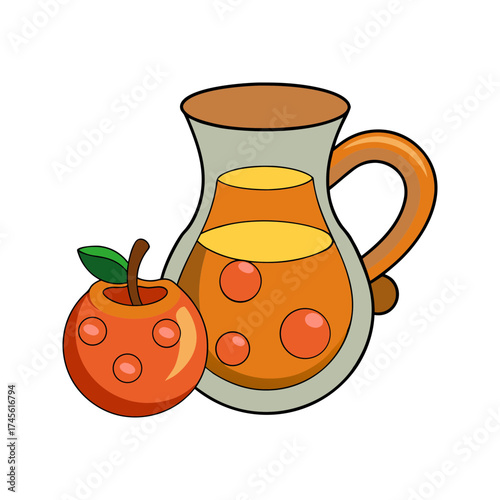 A stylized cartoon illustration of a pitcher filled with orange juice and a whole apple with a green leaf and stem on a black background