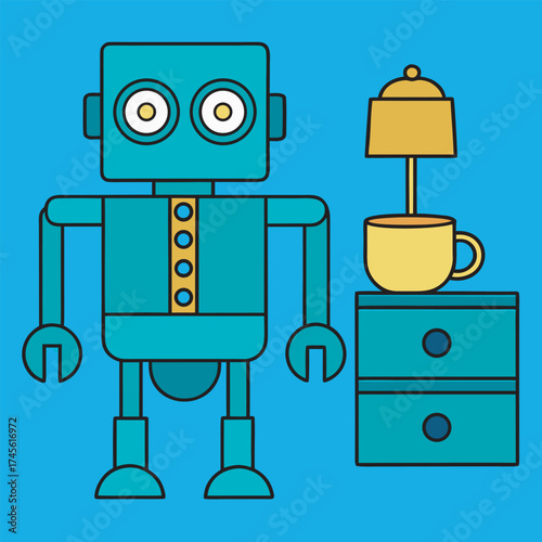 A turquoise robot stands next to a nightstand with a lamp and a coffee cup