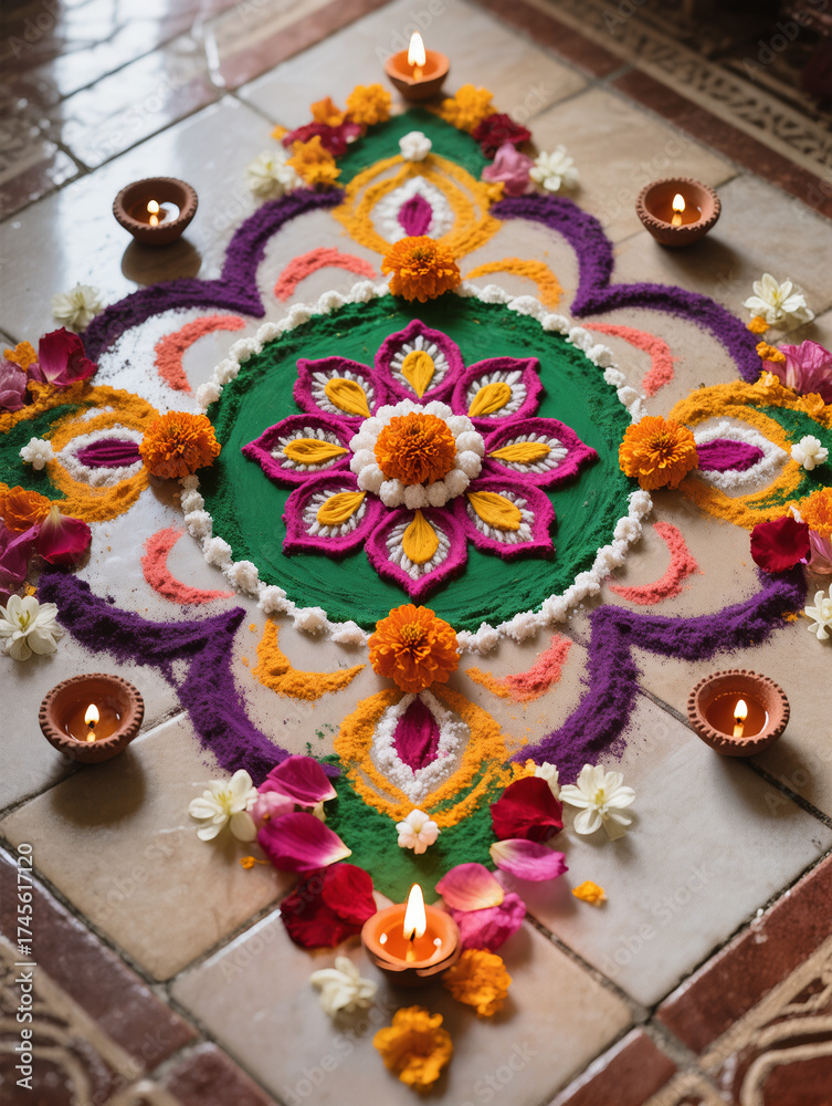 Fototapeta premium Diwali Flatlay Advertisement Tiled Floor Rangoli Patterns Colored Powders Flower Petals Diyas Natural Light Vibrant Colors Cultural Artistry