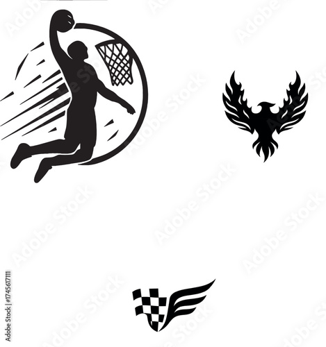 Dynamic silhouette of a basketball player soaring for a powerful slam dunk over a hoop with motion lines