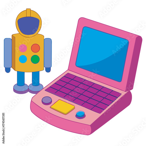 Colorful cartoon illustration of a robot and a laptop
