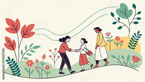 Community group interacting in glossy 3D floral abstract wallpaper garden showing unity 