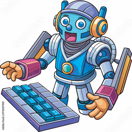 Cartoon robot with a keyboard and a screen