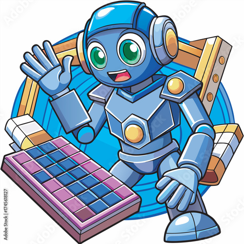 A friendly robot with headphones plays a puzzle game with a welcoming gesture