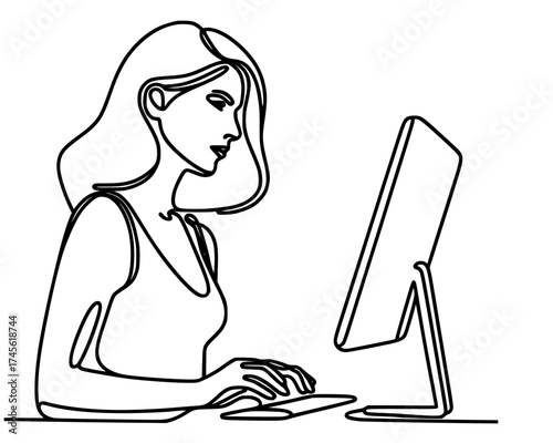girl with laptop computer, outline of woman with computer 