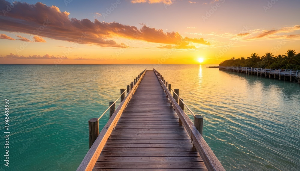 Fototapeta premium Wooden pier stretches to sunlit horizon over calm turquoise waters at sunset