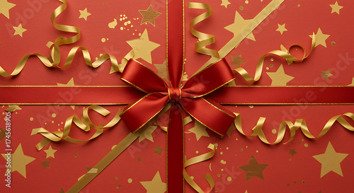 Gift box with red and gold ribbon, festive star pattern, luxury holiday wrapping, celebration concept background