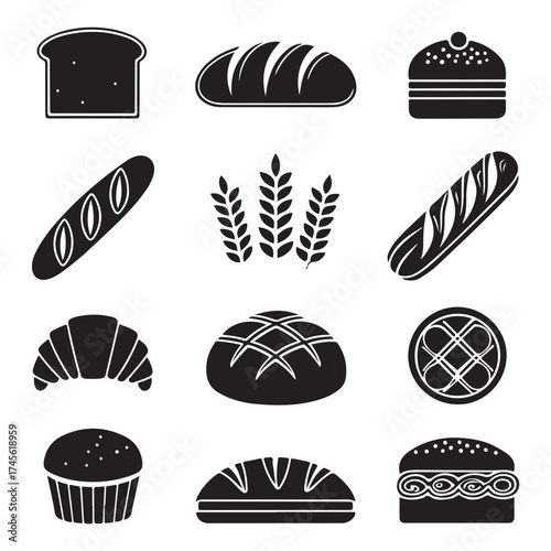 Bread and Bakery Food Icons Silhouettes ? Black and White Minimalist Vector Set (3).eps