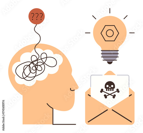 Tied brain with question marks, lightbulb symbolizing ideas, malicious email envelope with skull and crossbones. Ideal for cybersecurity, innovation, problem solving, awareness, digital threats