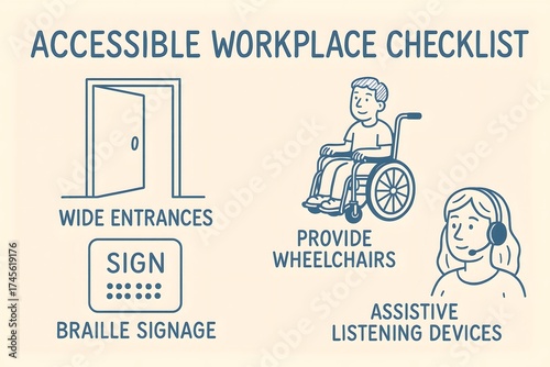 Infographic: accessible workplace checklist with wide entrances, Braille signage, assistive listening devices, and wheelchair support for employees