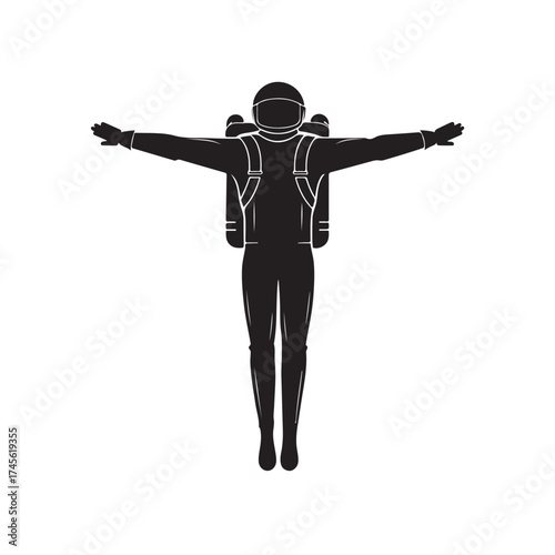 Figure flying a jetpack silhouette vector art black color design and solid white background (2).eps