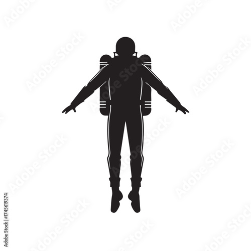 Figure flying a jetpack silhouette vector art black color design and solid white background (4).eps