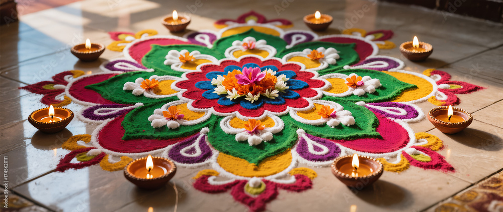 Fototapeta premium Diwali Flatlay Advertisement Tiled Floor Rangoli Patterns Colored Powders Flower Petals Diyas Natural Light Vibrant Colors Cultural Artistry