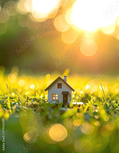 Miniature house on grass bathed in sunlight, evoking warmth, home, and happiness