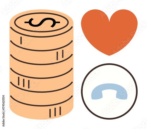Stack of coins, heart, and telephone receiver emphasizing financial planning, love, communication, care, advice relationships. Ideal for finance charity connection customer service themes. Simple