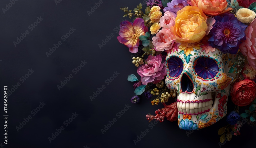 Naklejka premium Colorful Floral Skull Art on Dark Background