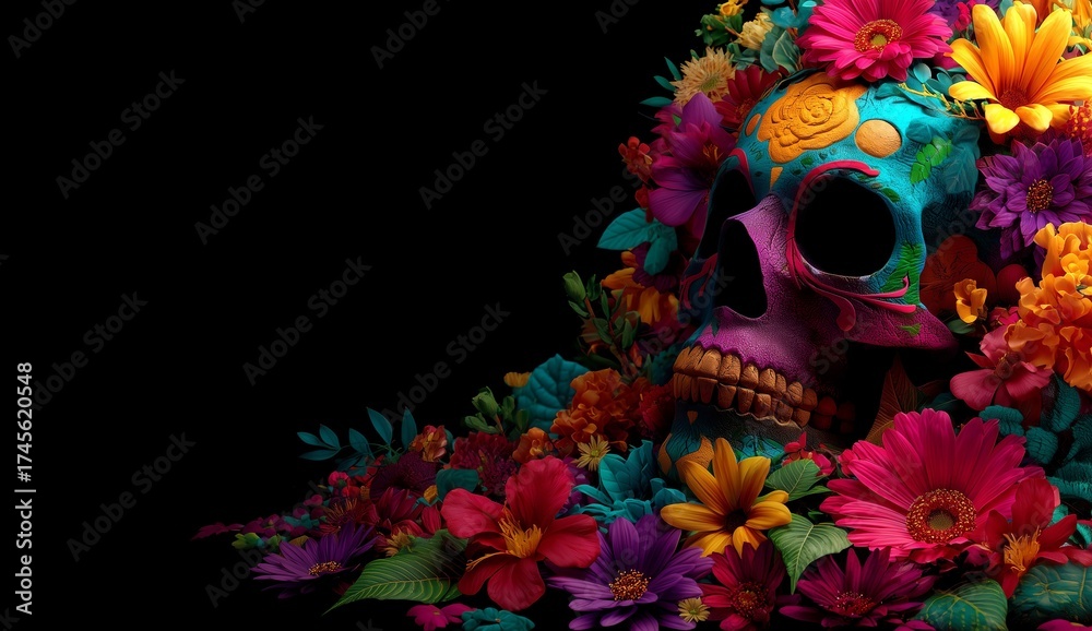 Obraz premium Colorful Skull Surrounded by Vibrant Flowers