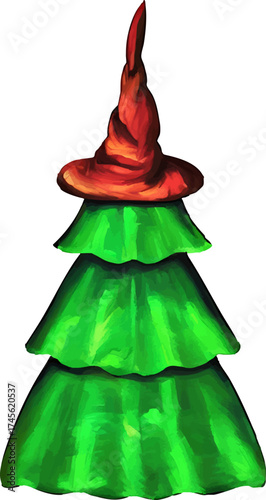 A handdrawn Christmas tree topped with a leather Hogwarts-style (witch) pointed hat symbolizing magic of winter holidays on the transparent background; a framed watercolor style vector illustration.