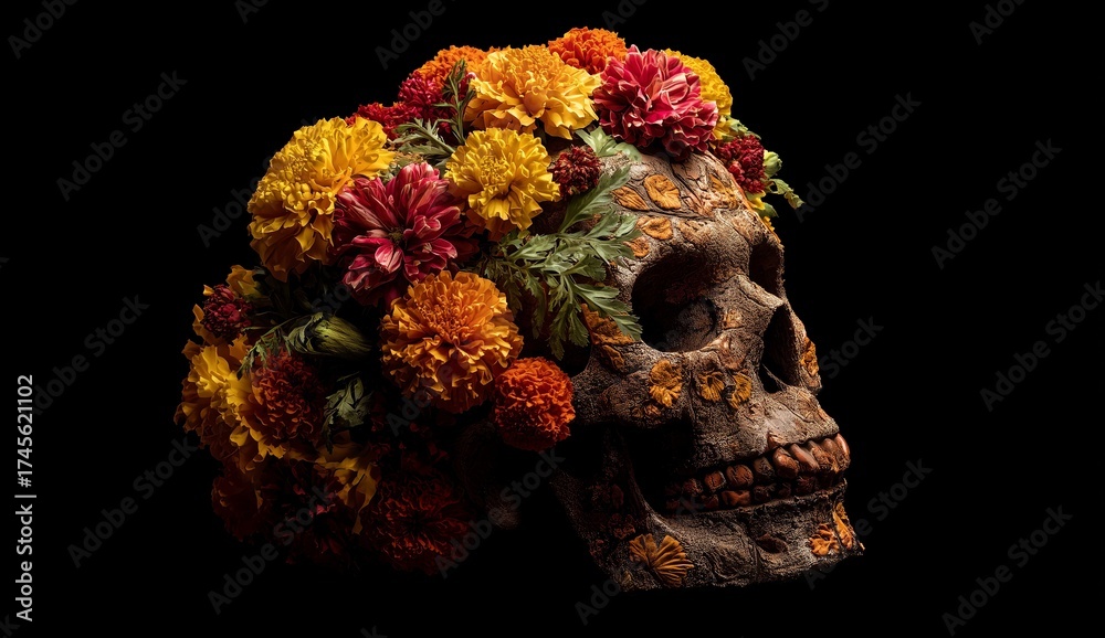Naklejka premium Colorful Floral Skull Decoration on Black Background