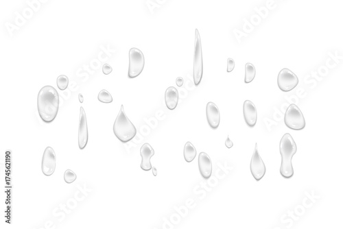 PNG, realistic water drops and raindrops set on transparent background. Bubbles and liquid elements for design. Falling water drops on glass.