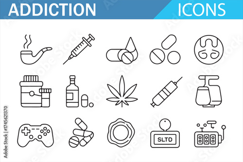 Set of Addiction Icons for Substance Abuse and Behavioral Health Awareness