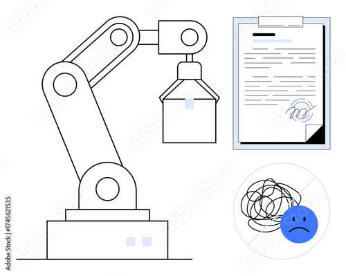 Robotic arm holding an object beside a signed document and a sad face with scribble, symbolizing automation, workflow, decision-making, and emotional stress. Ideal for technology, process, industry