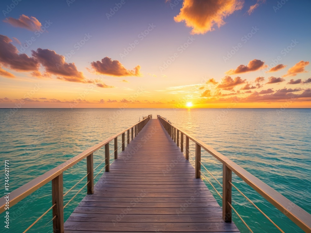 Fototapeta premium Wooden pier stretching toward a vibrant, orange sunset over calm ocean waters
