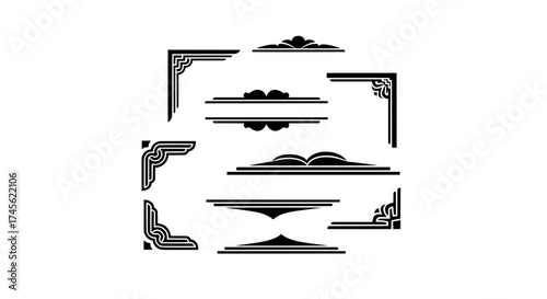 A collection of classic vector corners and decorative page dividers. Use these ornate shapes to build elegant, formal frames for diplomas and awards.