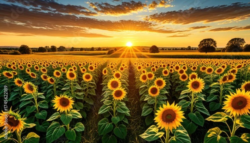 Golden sunflower field basking in sunset glow