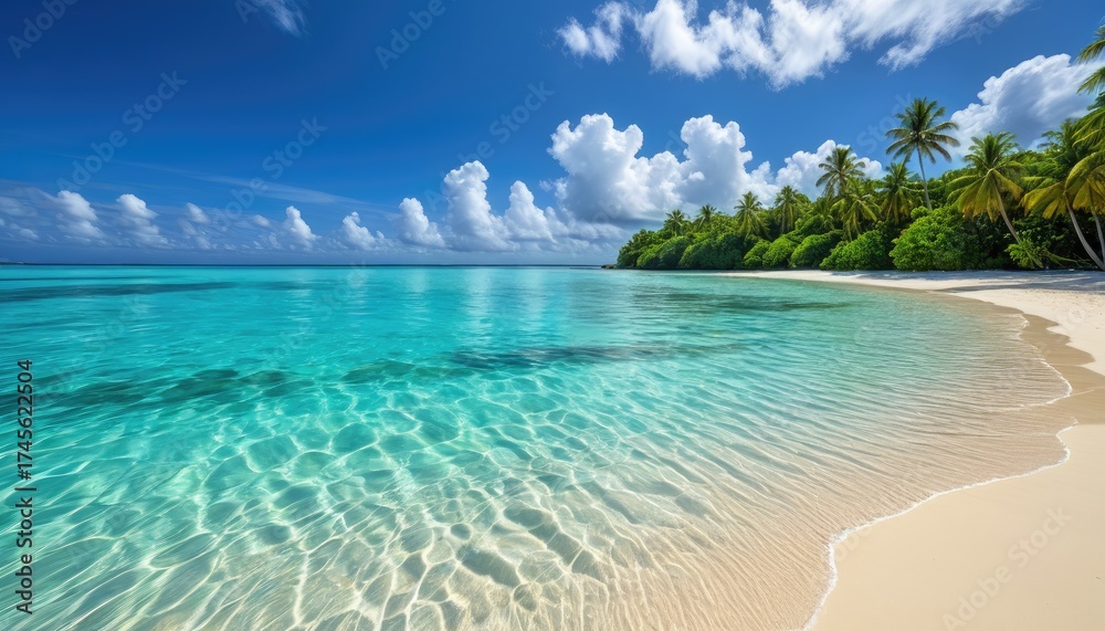 Fototapeta premium Tropical paradise with turquoise waters, white sand beach, palm trees, and blue sky