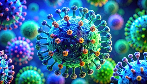 Close-up View of Colorful Virus Particles Under Microscope Illumination