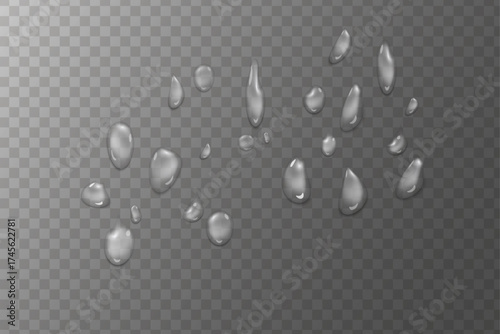 Realistic water drops, raindrops, liquid bubbles, glass falling transparent PNG. Abstract fresh pure dew on smooth surface.