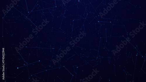 Thin blue lines connecting glowing dots in digital space, network pattern.