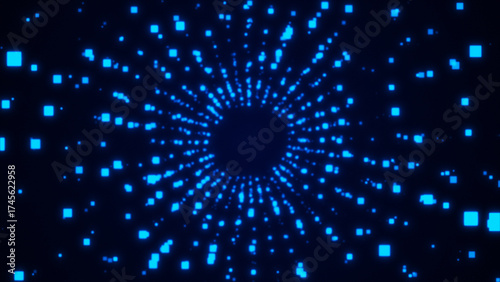 Blue digital squares forming a tunnel of light in perspective view.