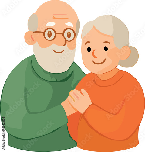 A warm flat-style illustration of an elderly couple smiling and holding hands, symbolizing love, care, and lifelong companionship.