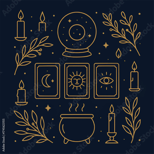 Top View Tarot Ritual Table with Candles and Crystals Vector