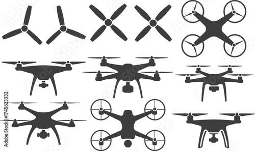 Drone Silhouettes and Propellers: A collection of drone silhouettes, showcasing various designs and propeller configurations, perfect for technology and aerial imagery concepts.