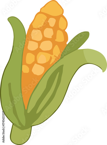 A bright flat-style illustration of an ear of corn with green husks and golden kernels, symbolizing harvest, agriculture, and autumn abundance.