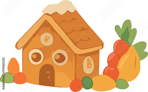 A cute flat-style illustration of a gingerbread house surrounded by colorful autumn fruits and vegetables, symbolizing warmth, harvest, and Thanksgiving celebration.