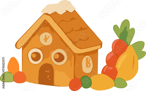 A cute flat-style illustration of a gingerbread house surrounded by colorful autumn fruits and vegetables, symbolizing warmth, harvest, and Thanksgiving celebration.