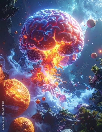 Surreal mindscape, glowing brain with cosmic elements