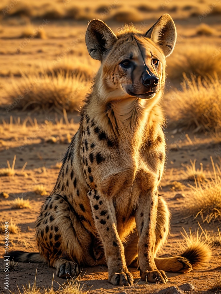 Obraz premium Spotted hyena sits alertly in sunlit desert landscape