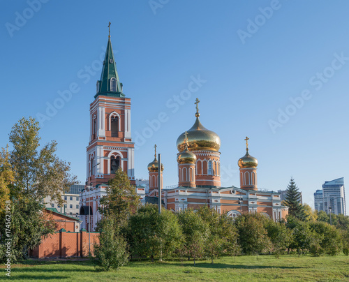 At the Znamensky Cathedral on a sunny September day. Barnaul, Russia