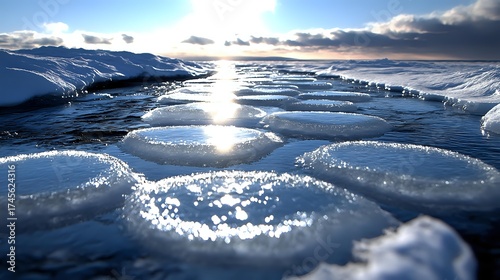 Wallpaper Mural Frozen ice formations along winter shoreline with dramatic sunlight reflection creating magical crystalline patterns on water surface during cold sunset. Torontodigital.ca
