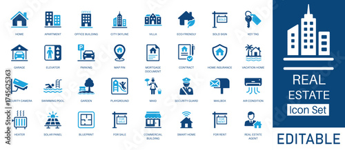 Real Estate and Property Investment solid icon set. Contains symbols for For Sale Sign, Mortgage, Smart Home, and Solar Panel. Flat vector design for real estate listings and property marketing.
