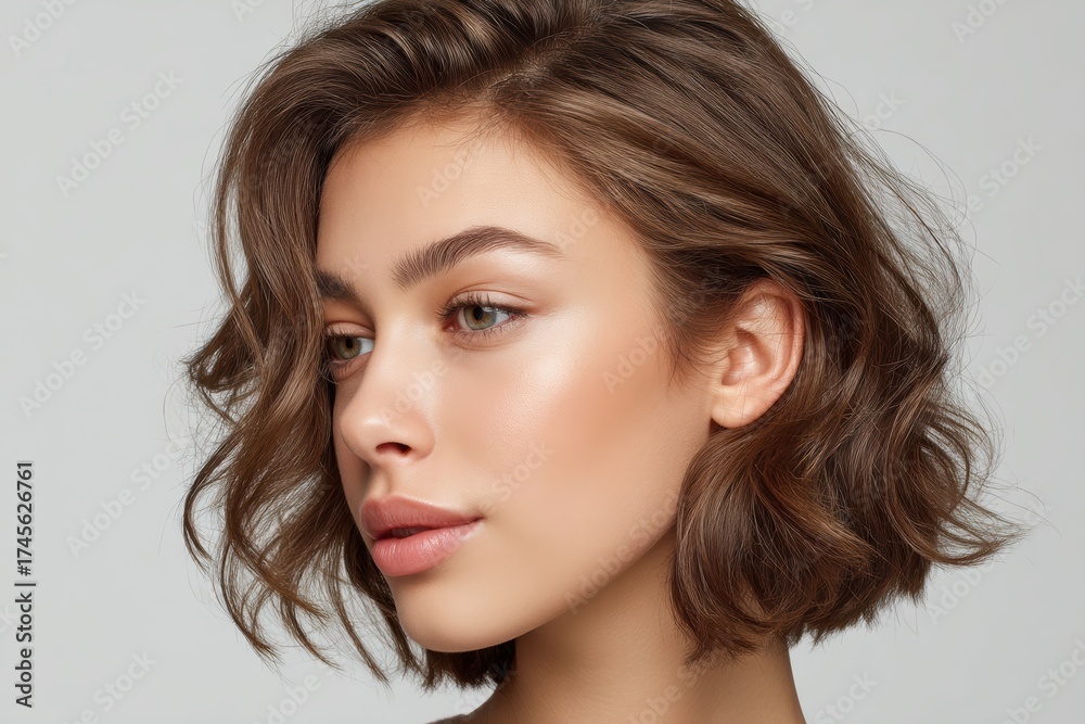 Naklejka premium Young woman with glowing skin and wavy brown bob hairstyle, looking thoughtfully to the side against a plain background