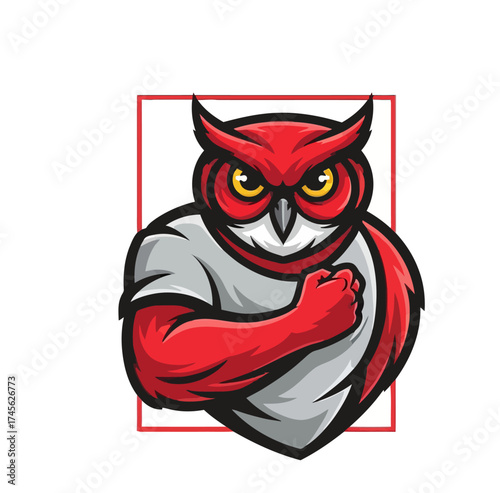 Powerful mascot owl flexing bicep confidently, embodying strength and determination for sports teams or brands seeking a bold identity.