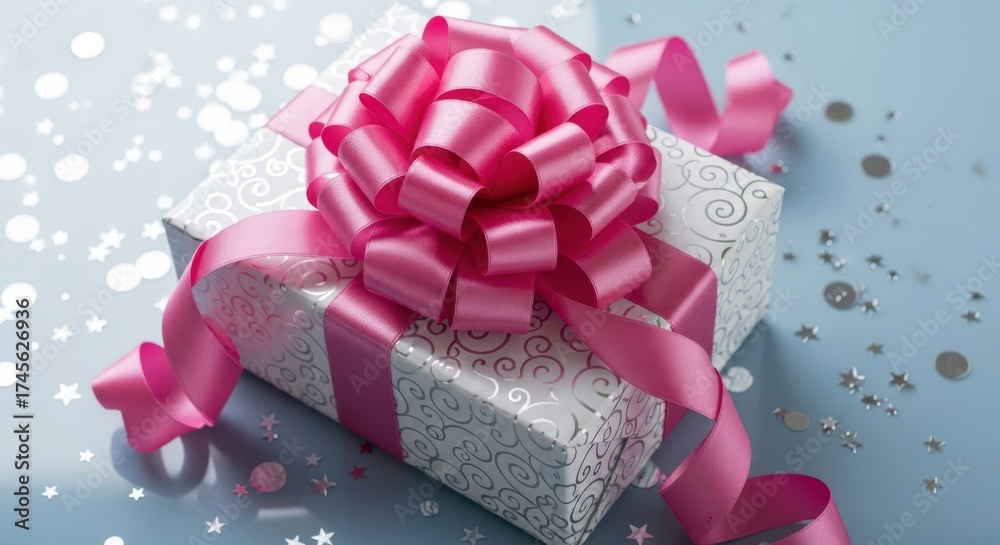 Fototapeta premium Beautiful gift box wrapped in pink ribbon with sparkling confetti celebration present