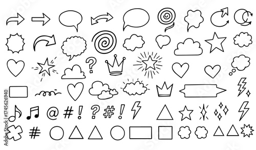 Sparkling stars, hearts, clouds, and speech bubbles with arrows and crowns, perfect for creative designs and communication graphics